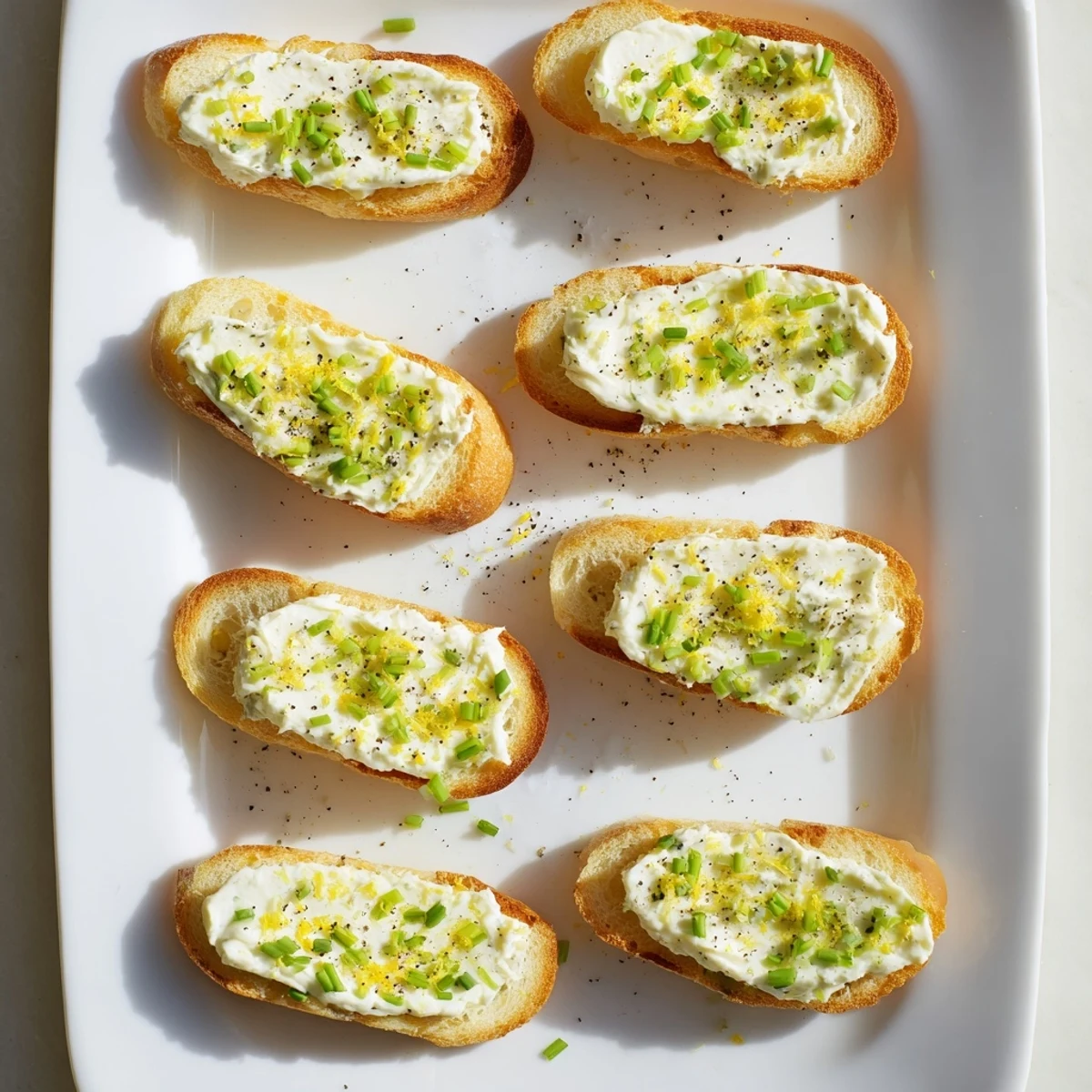 Close-up of vodka butter crostini garnished with black pepper, served alongside smoked salmon and radishes for a festive starter.