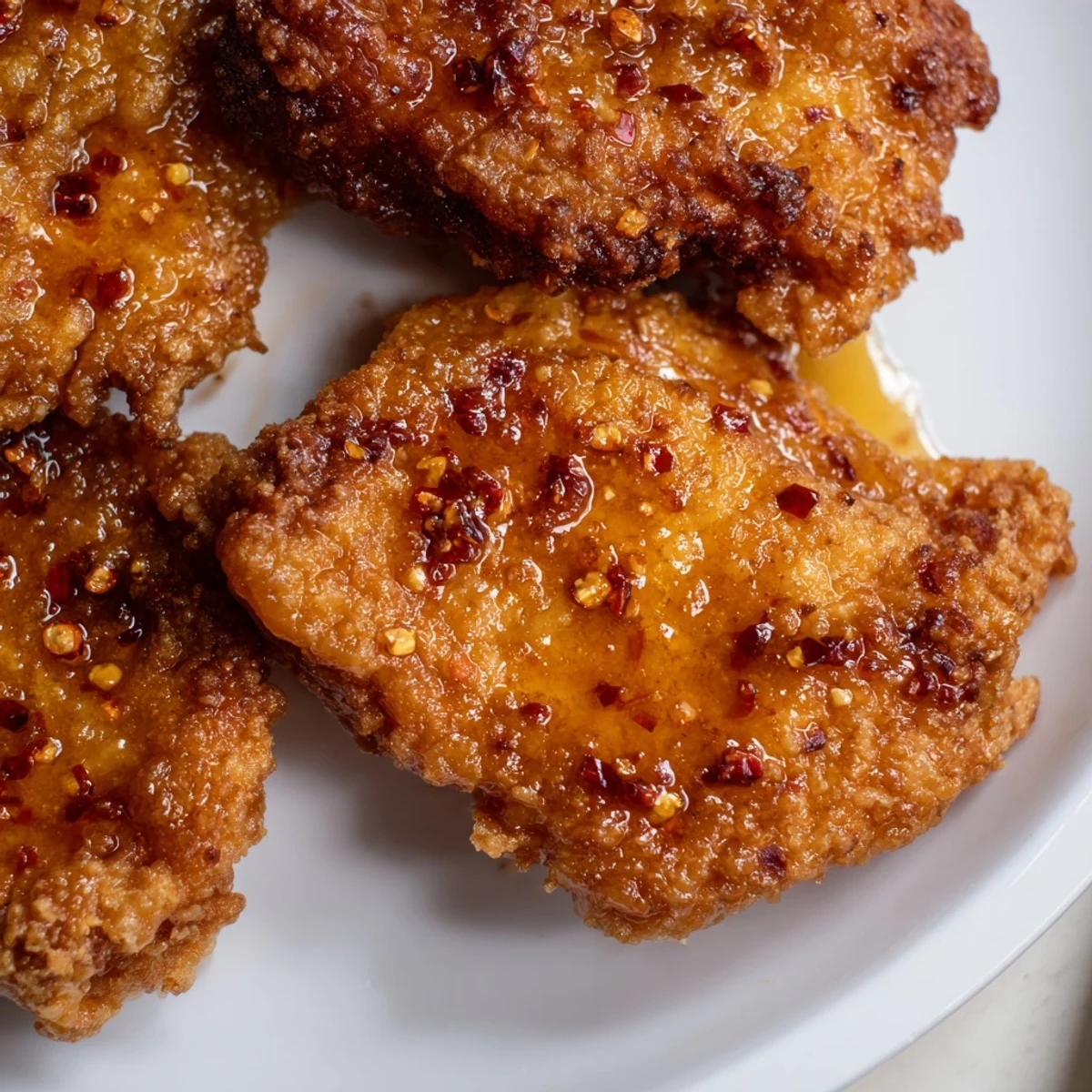 Crispy fried chicken thighs coated in golden, peppery breading and glistening with a drizzle of spicy sweet hot honey butter sauce.
