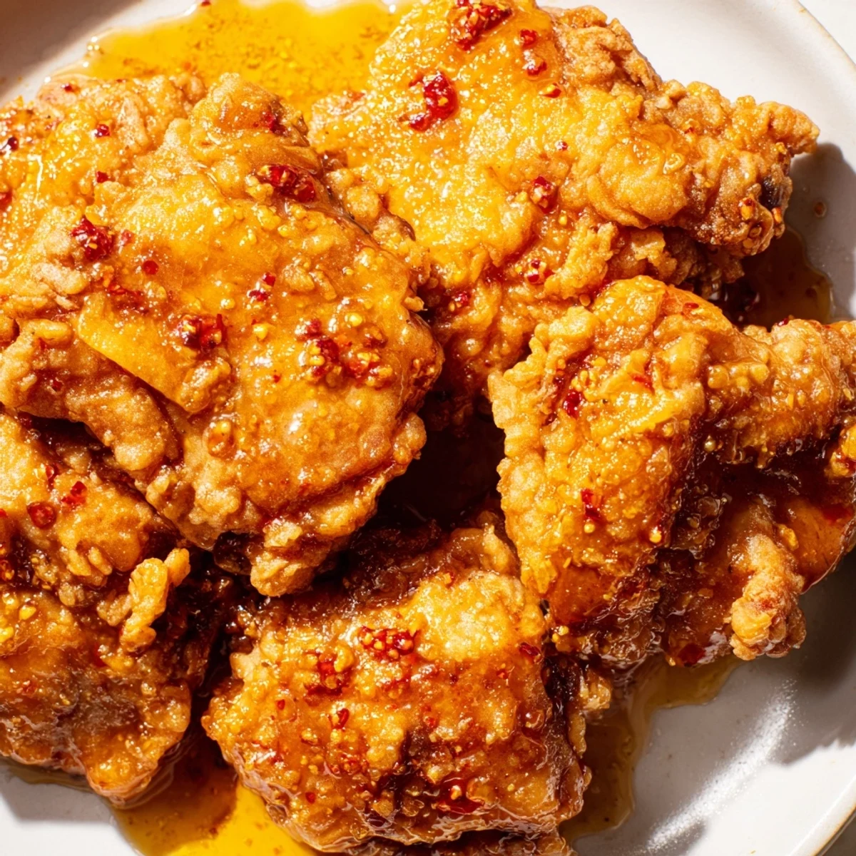 A platter of golden fried chicken thighs tossed in luscious hot honey butter sauce, paired with pickles and soft rolls for a savory meal.
