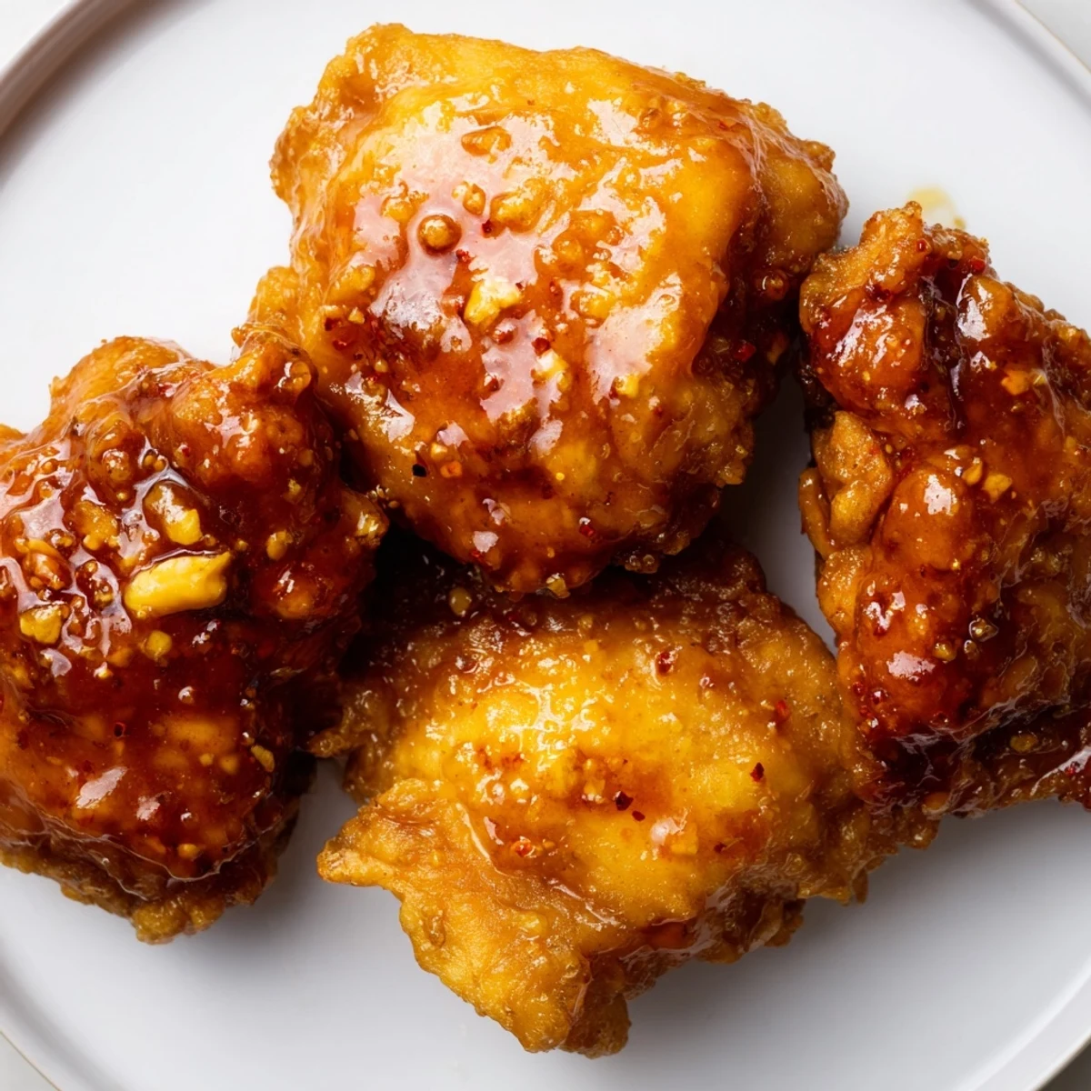 Close-up of juicy fried chicken pieces coated in a glossy, spicy-sweet hot honey butter sauce, showcasing a perfectly crispy, golden crust.