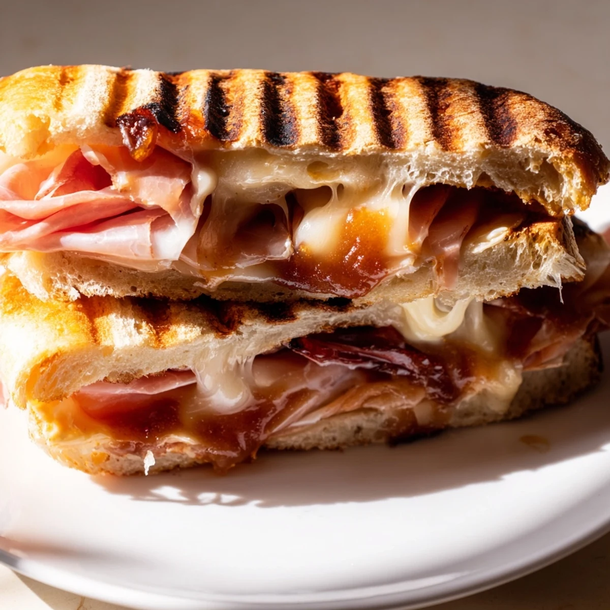 Golden-brown Crispy Prosciutto & Fig Panini sliced on a wooden board, with melted fontina and fig jam visible.