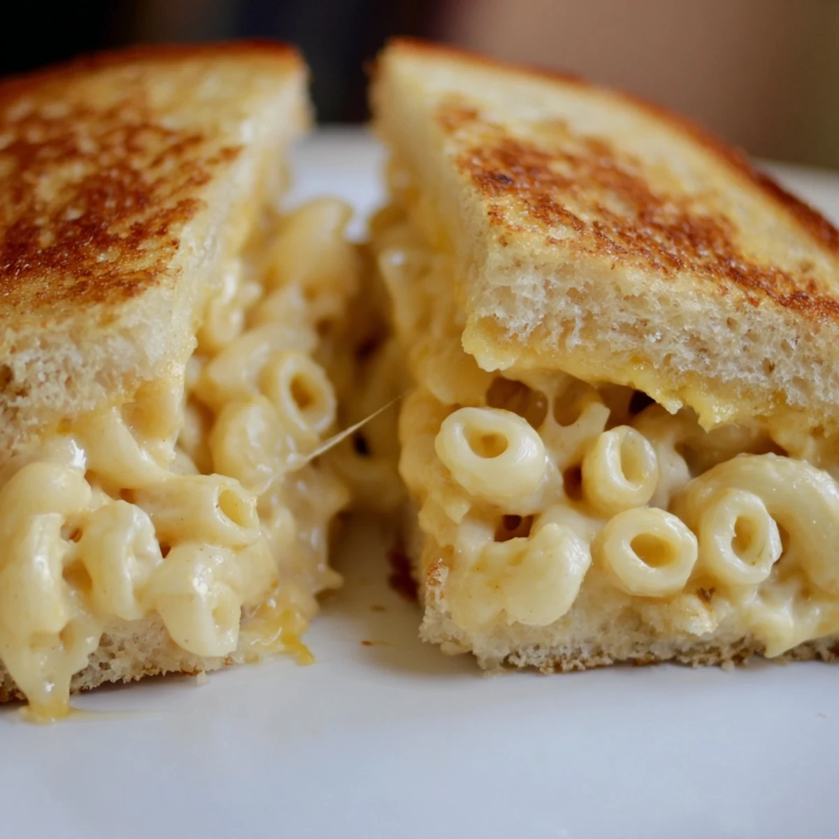 A close-up of a crispy, golden Mac & Cheese Grilled Cheese sandwich on a white plate, melted cheese oozing from the toasted sourdough.  