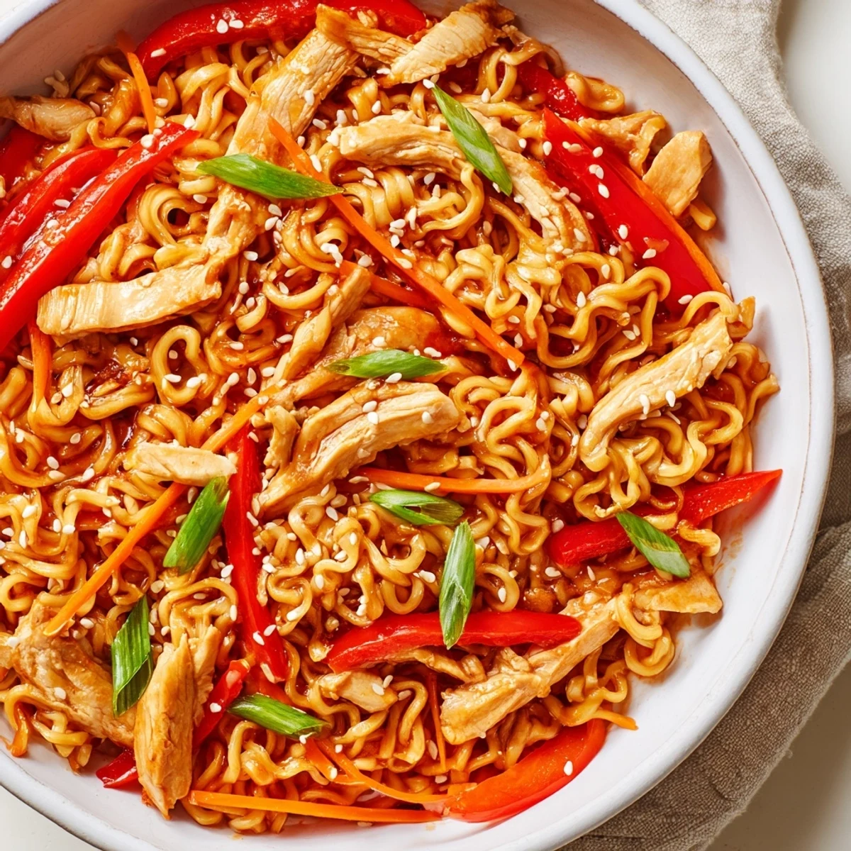 A close-up of Spicy Ramen Stir-Fry with glossy noodles, vibrant bell peppers, and tender chicken tossed in a red-hued sauce.