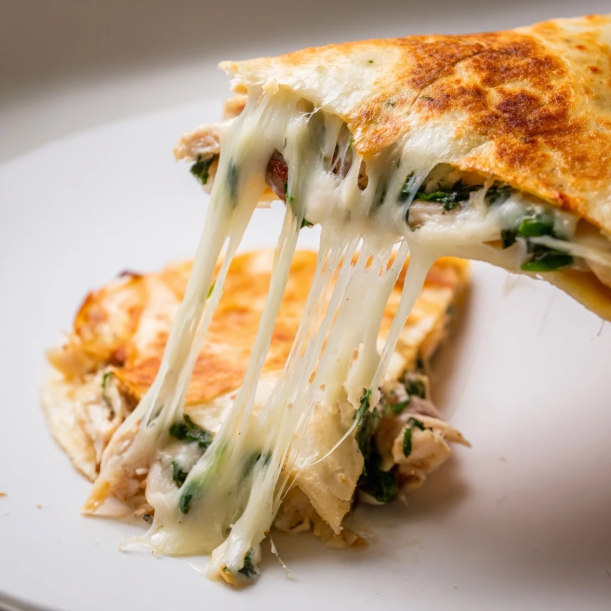 Crispy Chicken and Spinach Quesadilla wedges with melted mozzarella and wilted greens on a plate.