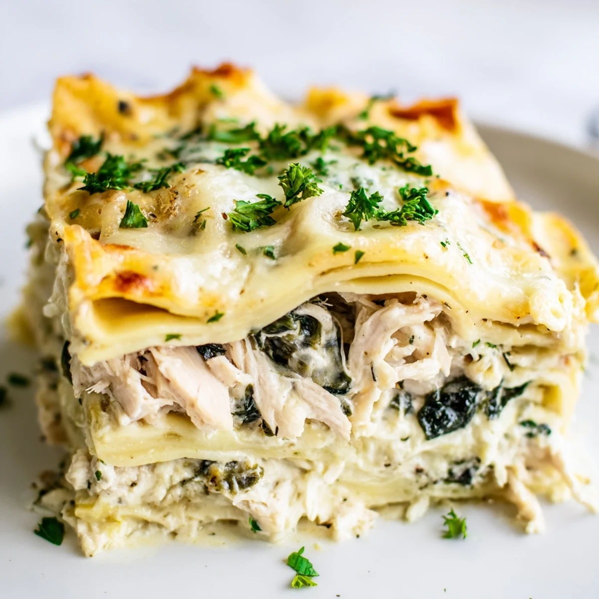 A close-up of a freshly baked Chicken Alfredo Lasagna slice, steam rising from melted mozzarella and tender chicken.  