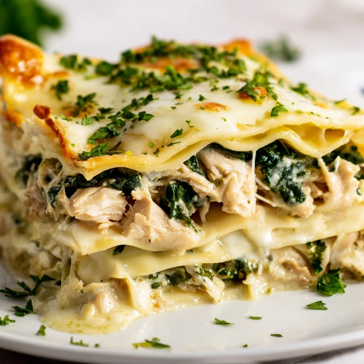 Serving of Chicken Alfredo Lasagna on a white plate, garnished with parsley and paired with a green salad.