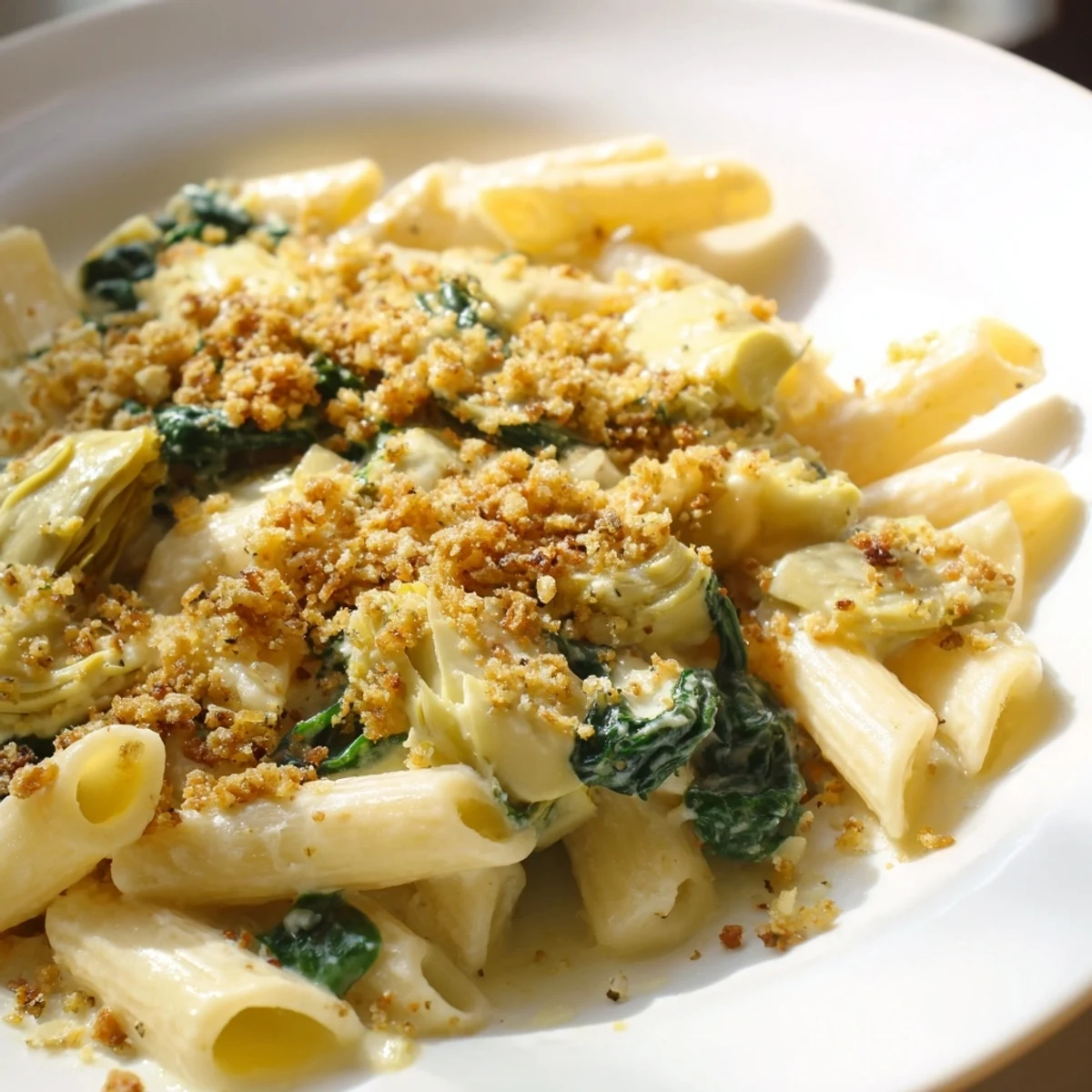 Golden, bubbling Artichoke Pasta Bake with marinated artichoke hearts and fresh spinach in a creamy Parmesan sauce.