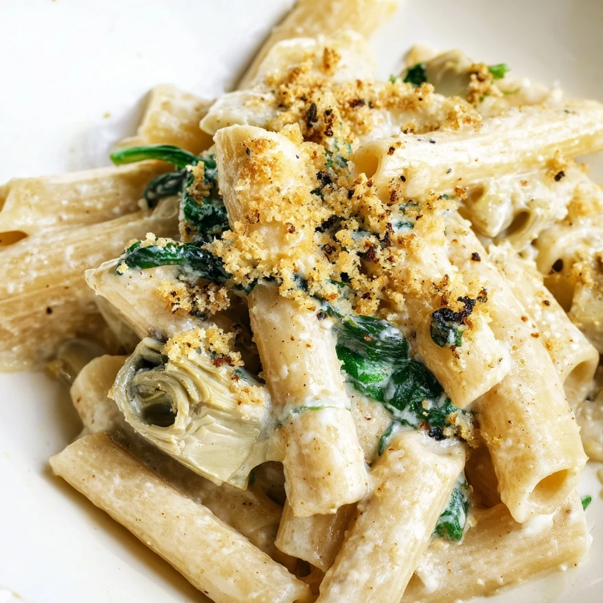 Close-up of a freshly baked Artichoke Pasta Bake served in a dish, topped with crispy breadcrumbs and extra Parmesan.