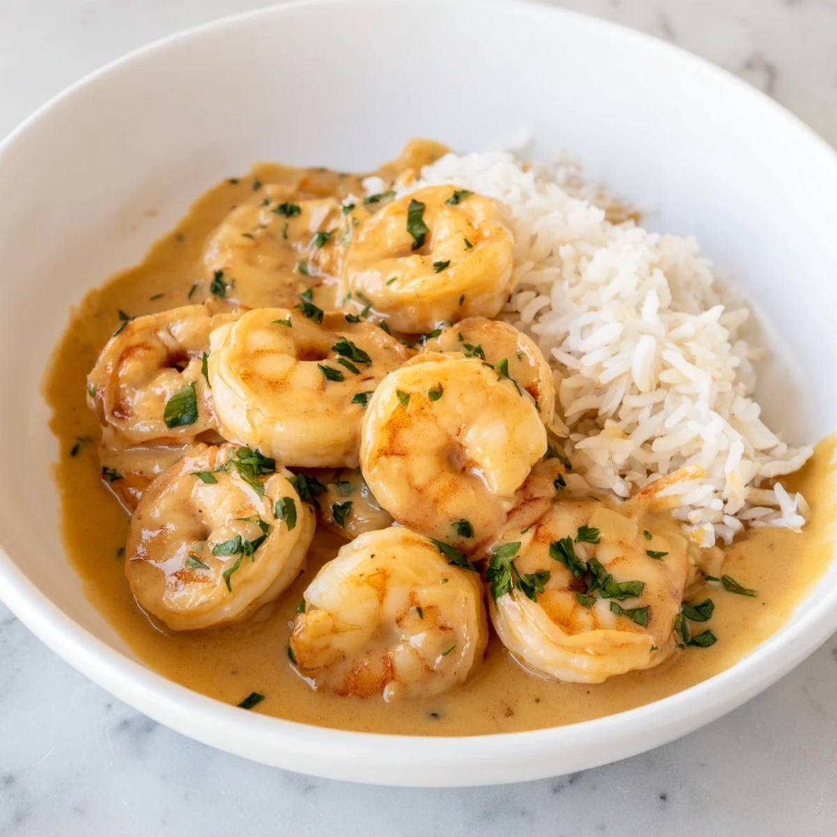 A close-up view of a vibrant Creamy Cajun Shrimp Rice Bowl featuring sautéed shrimp and a rich, spicy cream sauce over fluffy jasmine rice, garnished with fresh parsley.