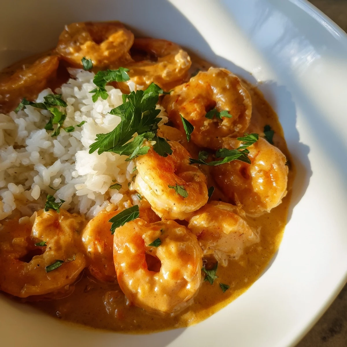 Overhead shot of a Creamy Cajun Shrimp Rice Bowl with succulent shrimp, diced red bell peppers, and a creamy sauce, ready to be enjoyed with a lemon wedge.