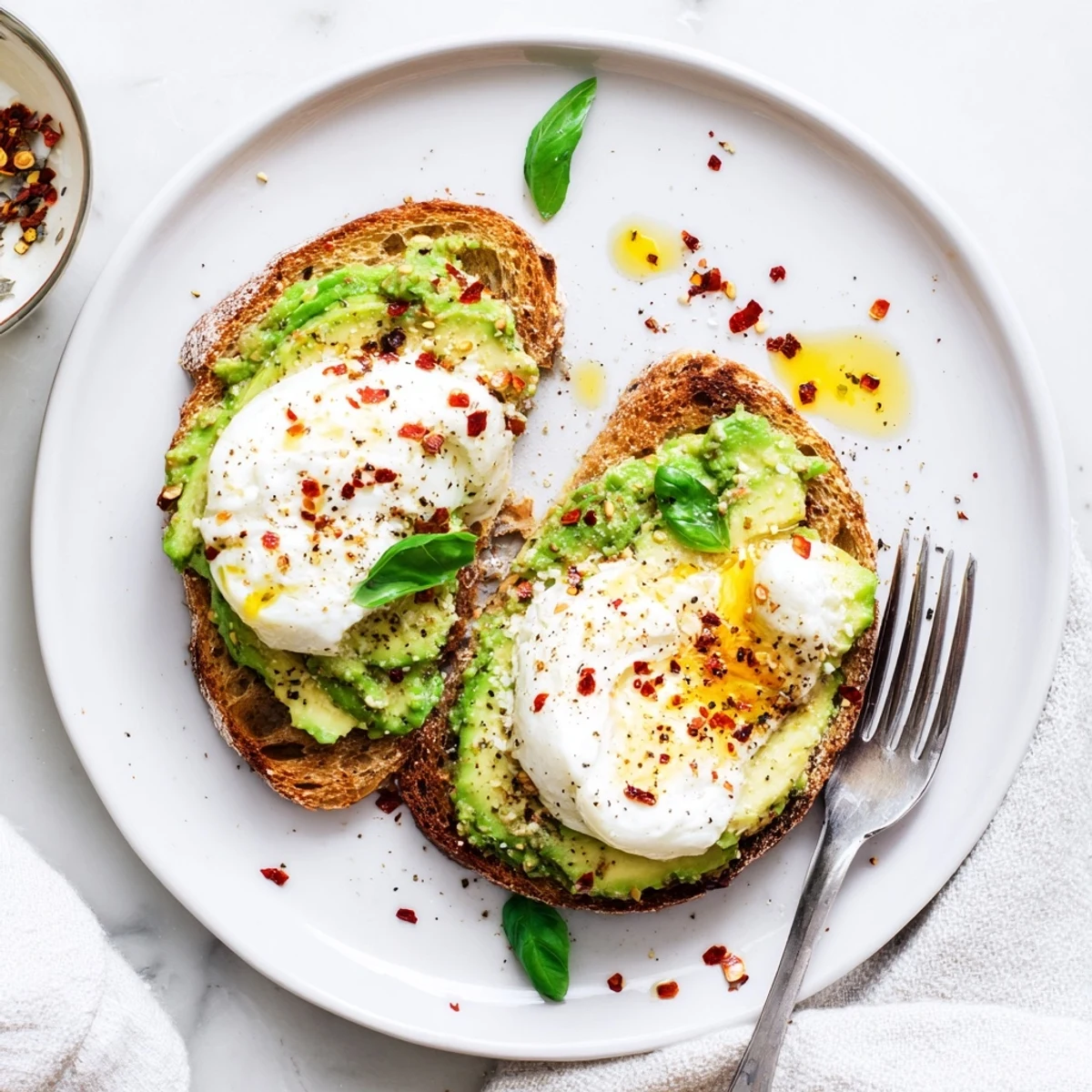Crispy sourdough toast topped with creamy smashed avocado and melted mozzarella, drizzled with olive oil and fresh basil leaves.  