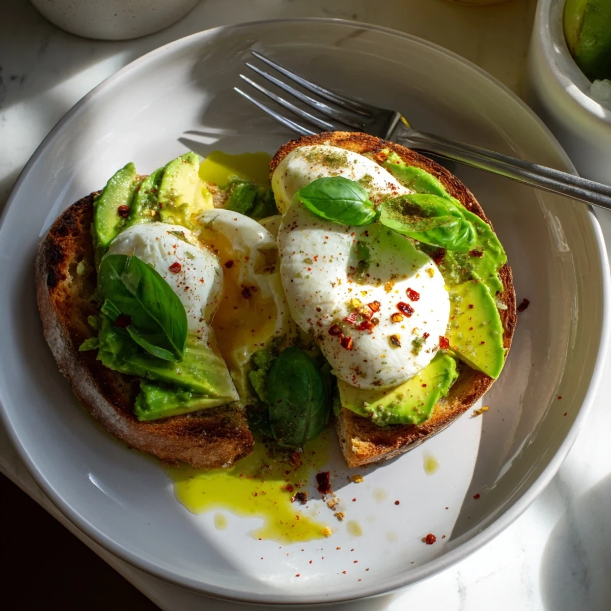 Golden broiled avocado mozzarella tartine on toasted bread, featuring gooey melted cheese and fresh avocado on a rustic plate.