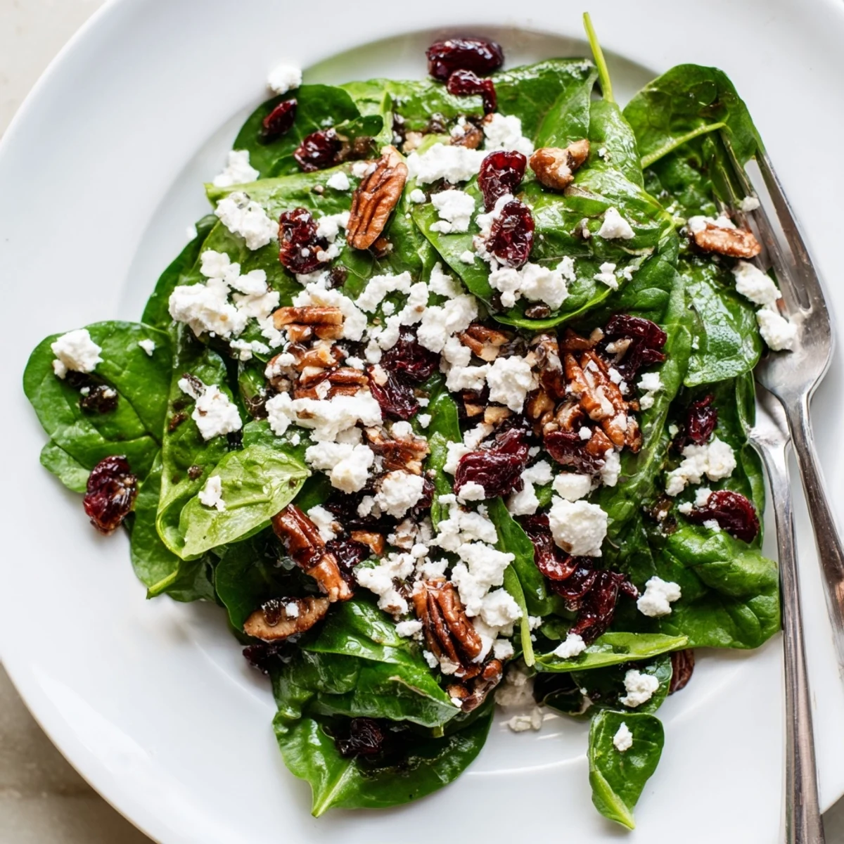 A finished Spinach Goat Cheese Salad tossed in tangy balsamic vinaigrette, garnished with candied pecans and ready for a light lunch.