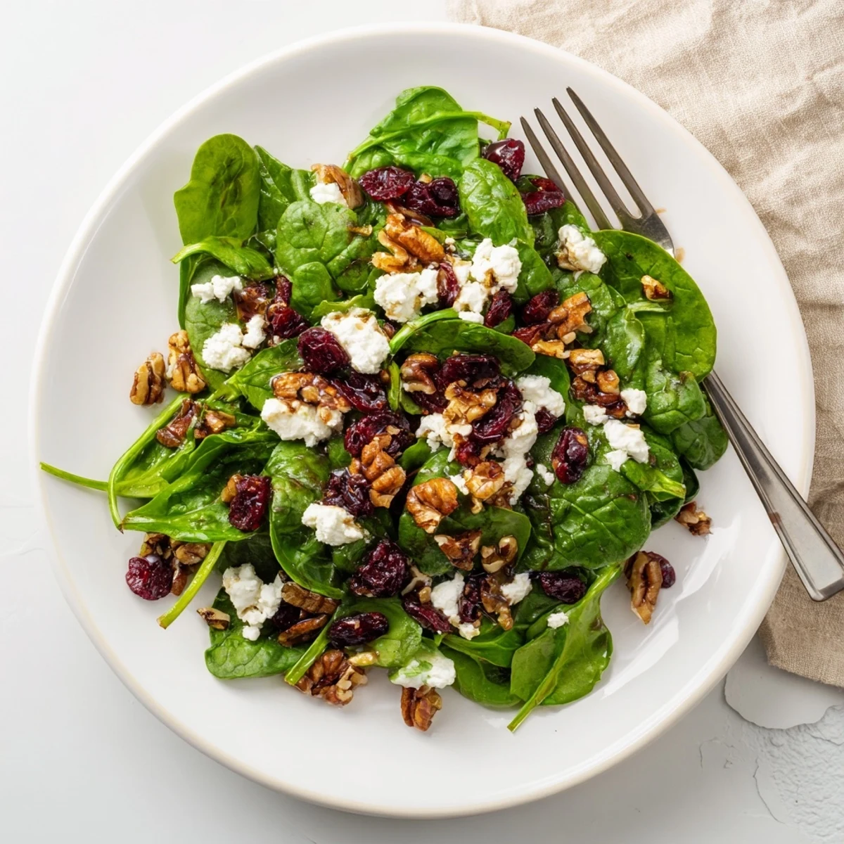 Close-up of Spinach Goat Cheese Salad with glossy balsamic drizzle, showing soft goat cheese crumbles and jewel-like dried cranberries.