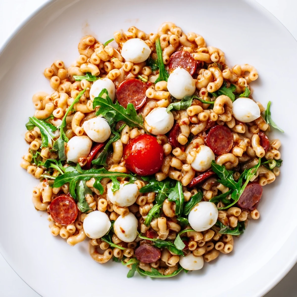 Ditalini pasta salad with peppery arugula, salami, mozzarella, and tangy pickled vegetables in a zesty dressing, perfect for spring picnics.
