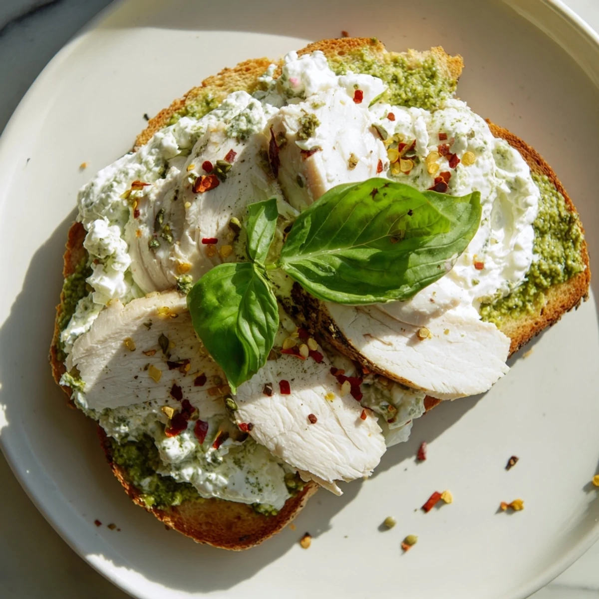 Sliced pesto chicken burrata toast on a rustic wooden board, drizzled with olive oil and red pepper flakes.