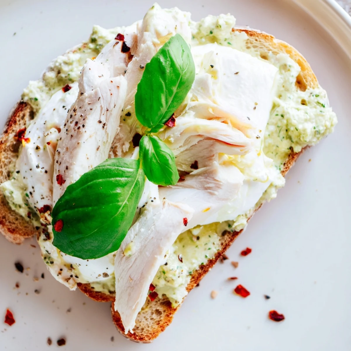 Warm pesto chicken burrata toast served on a white plate with basil leaves and cracked black pepper.