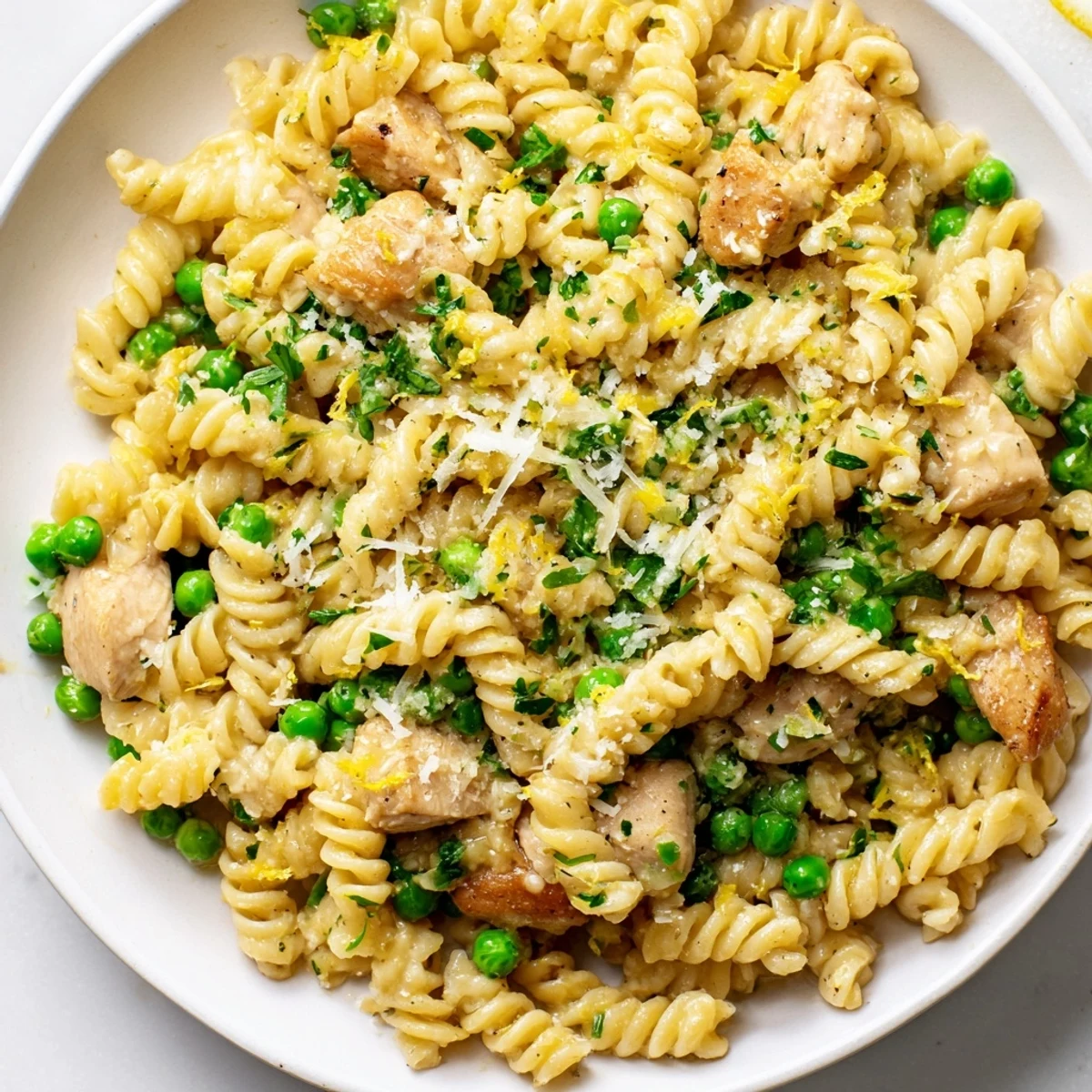 A close-up of Garlic Butter Chicken & Pea Pasta in a skillet, featuring golden seared chicken, vibrant green peas, and curly pasta coated in a glossy garlic butter sauce, topped with fresh parsley.
