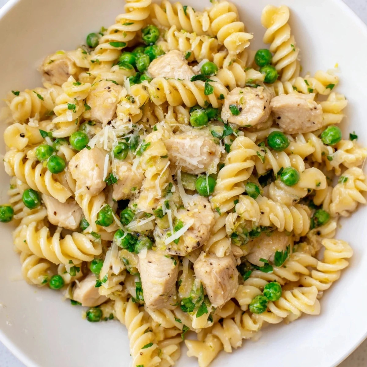 Garlic Butter Chicken & Pea Pasta served in a white pasta bowl, garnished with lemon zest and grated Parmesan, with a glass of white wine and a linen napkin beside it.