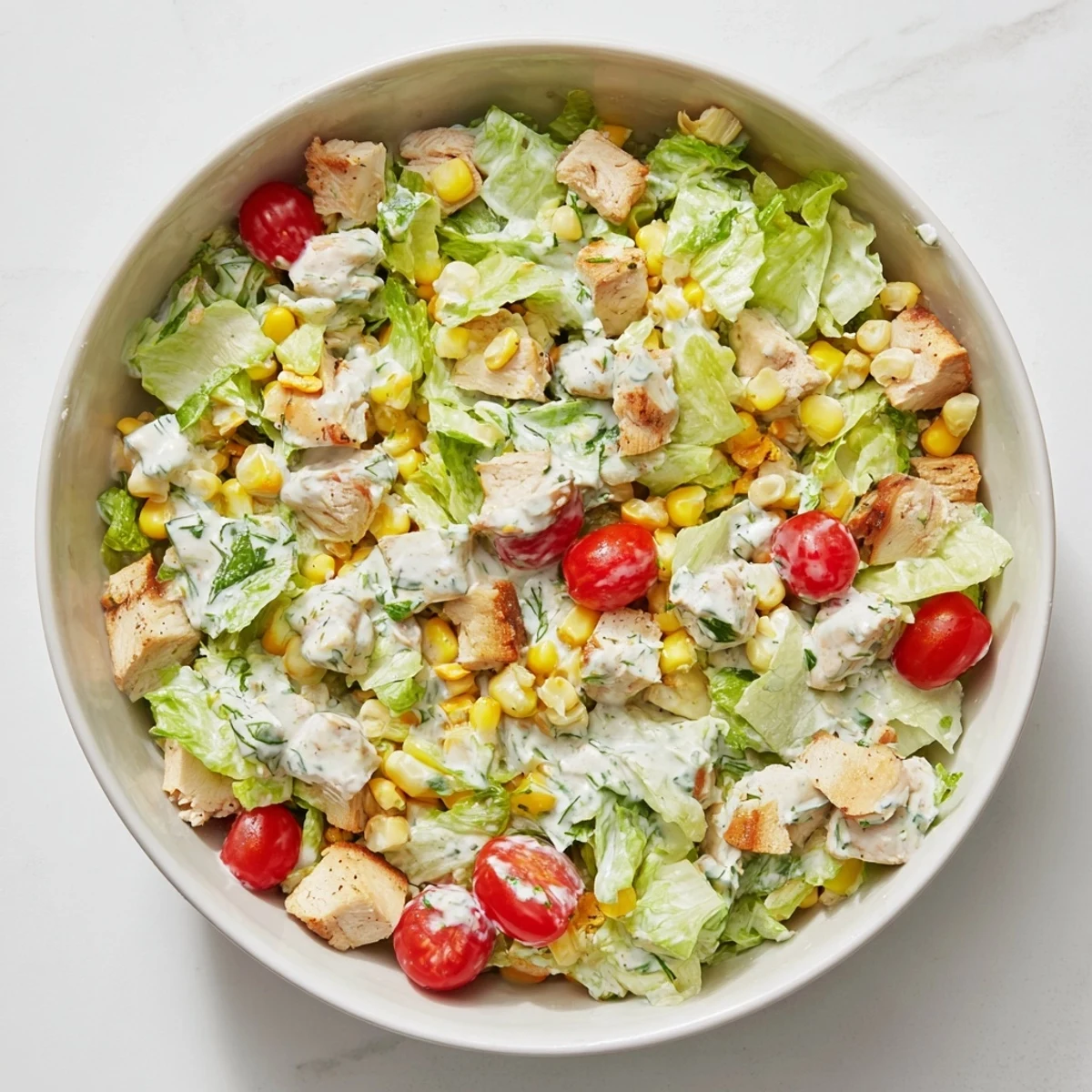 A vibrant bowl of Ranch Chicken Chopped Salad with tender chicken, crisp romaine, sweet corn, and sharp cheddar in creamy yogurt ranch.  