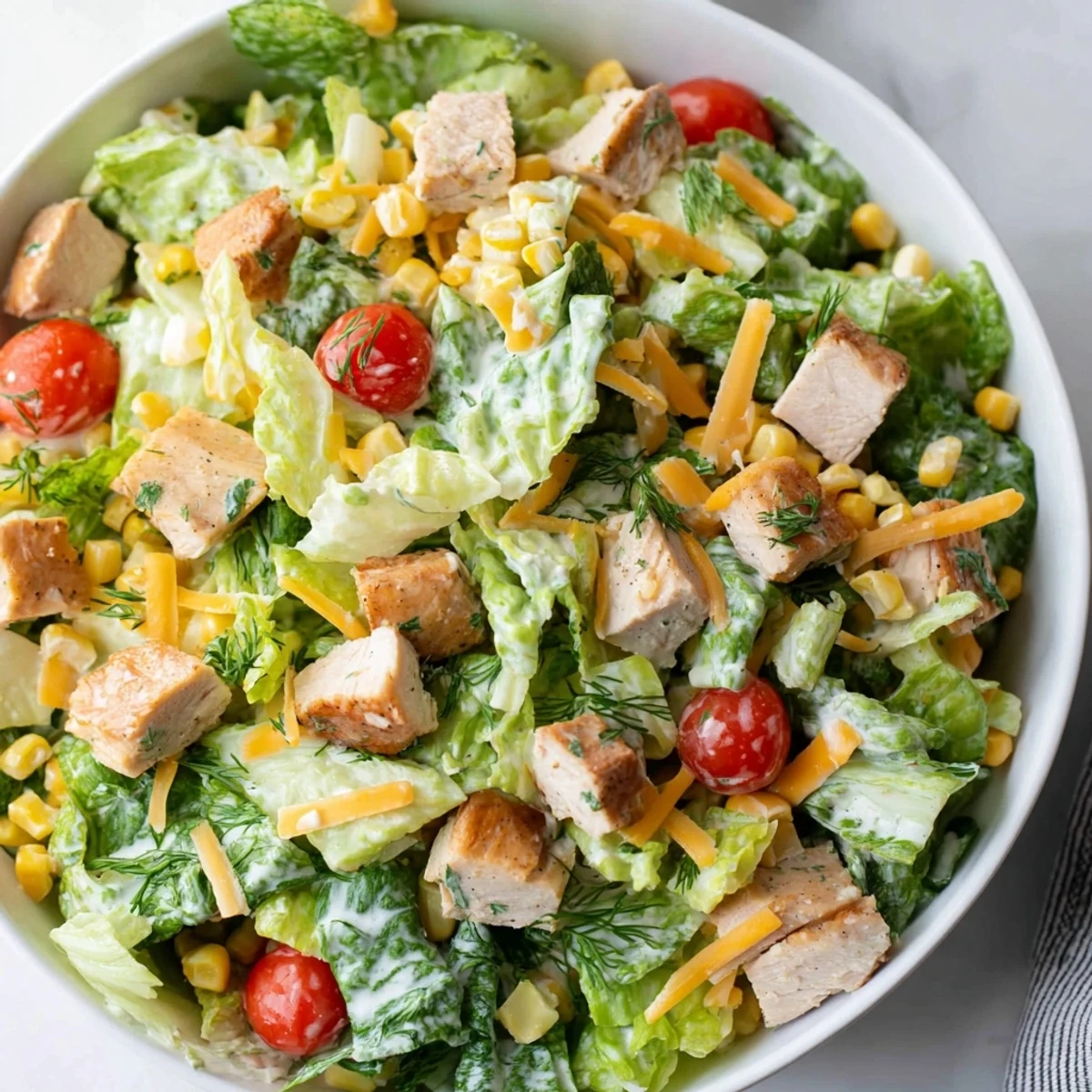 A hearty serving of Ranch Chicken Chopped Salad tossed in a creamy Greek yogurt ranch dressing, perfect for a light lunch.