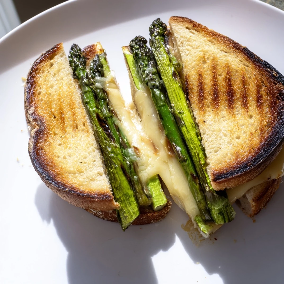 A close-up of the Asparagus & Brie Grilled Cheese highlights the melted Brie stretch, toasted crust, and vibrant green asparagus tips.