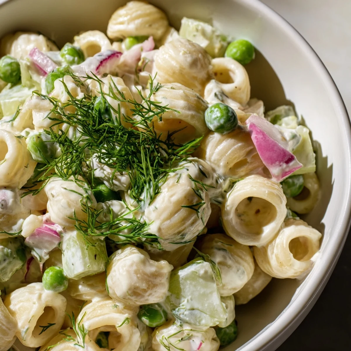 A close-up of creamy dill pickle pasta salad featuring ditalini, diced pickles, peas, and fresh dill in a tangy dressing.  