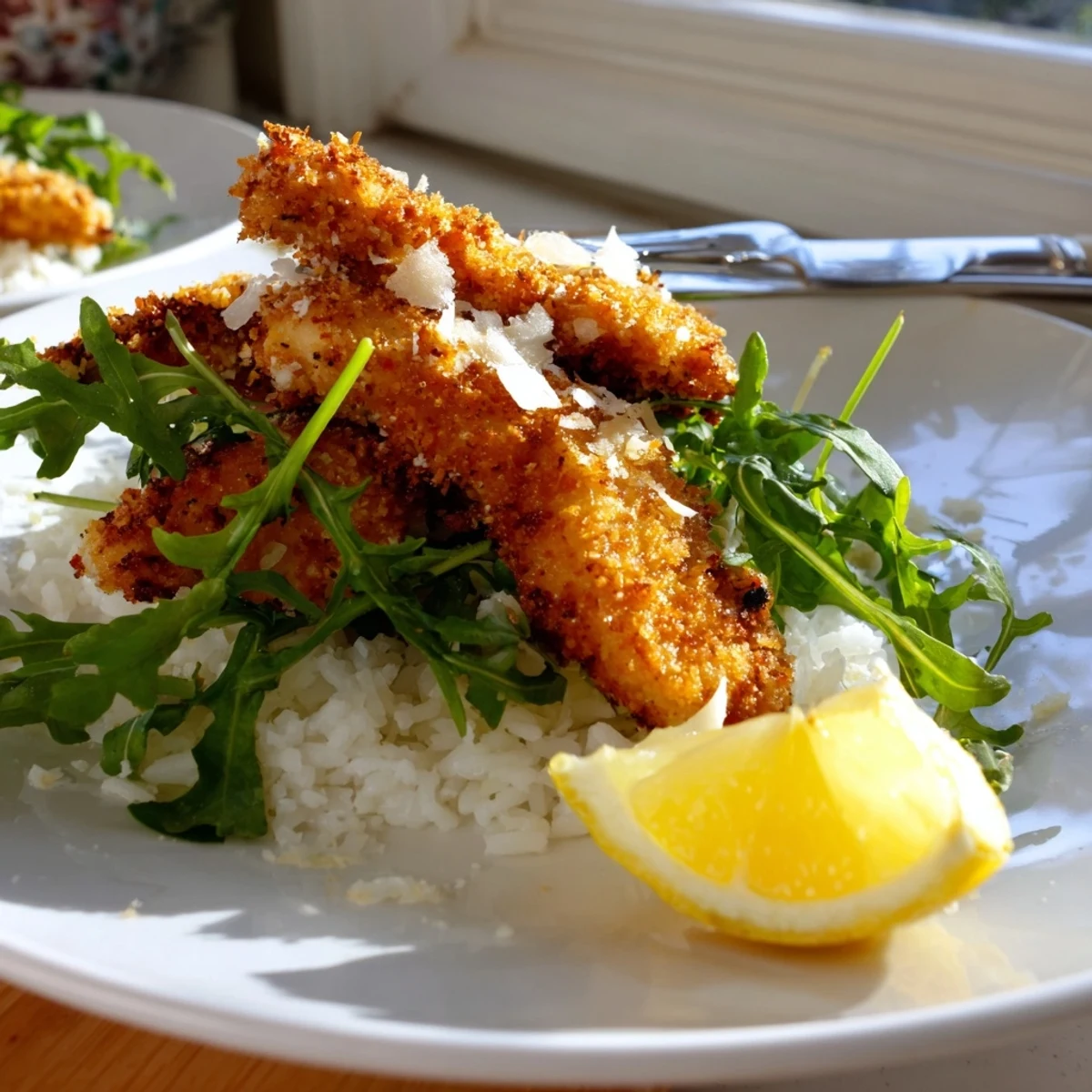 Golden, crispy Parmesan chicken cutlet bowl with fluffy rice, fresh arugula, and lemon wedge garnish.