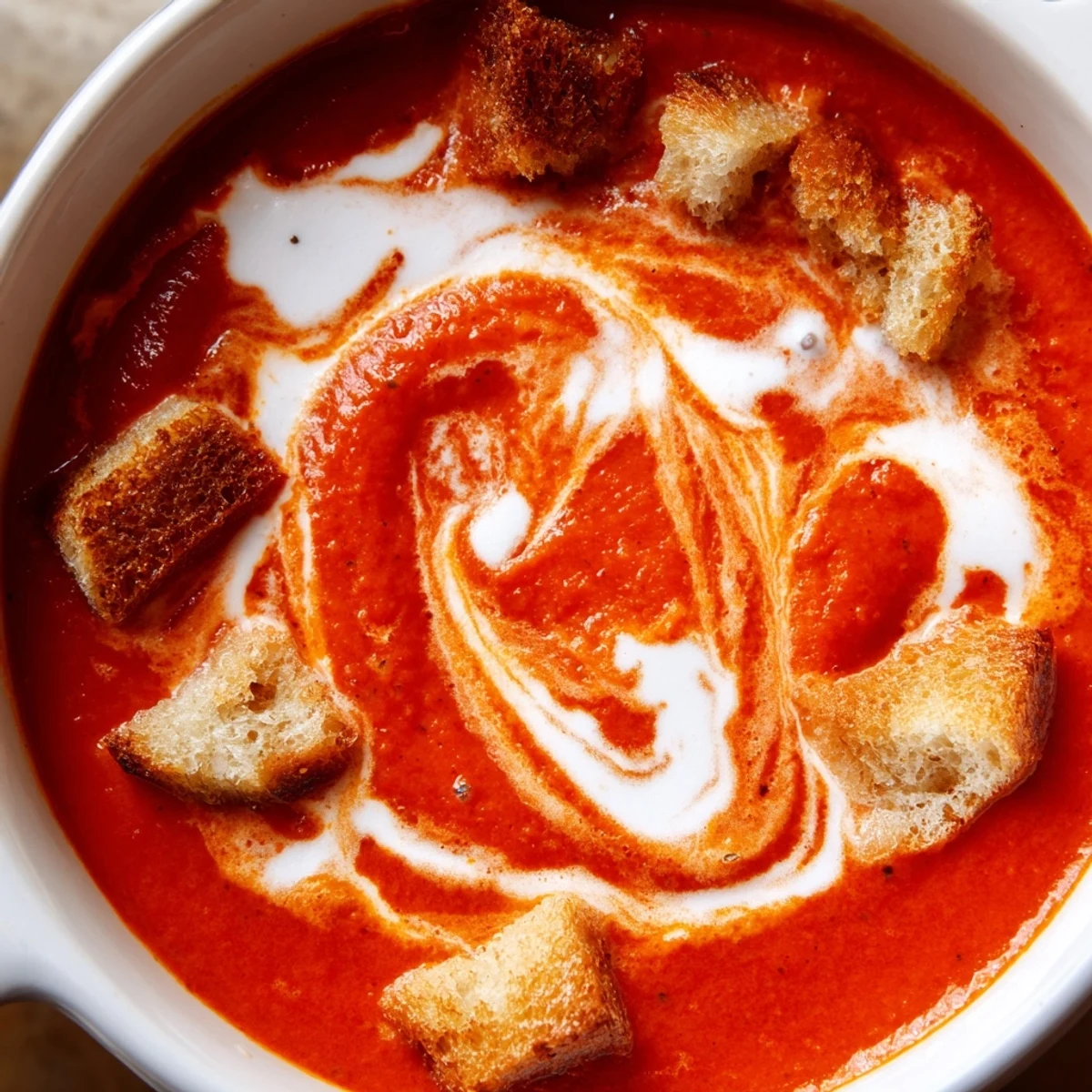 Steaming roasted tomato soup with crispy garlic croutons and a swirl of cream.