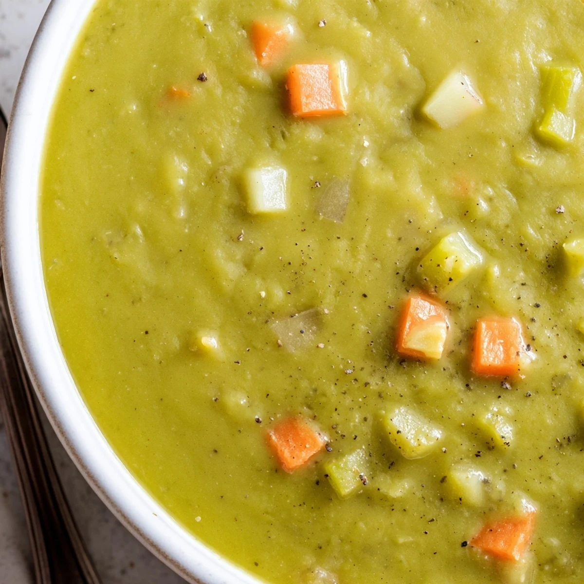 Creamy vegetarian split pea soup simmering in a pot, with diced carrots, celery, and potatoes visible in the rich, green broth.