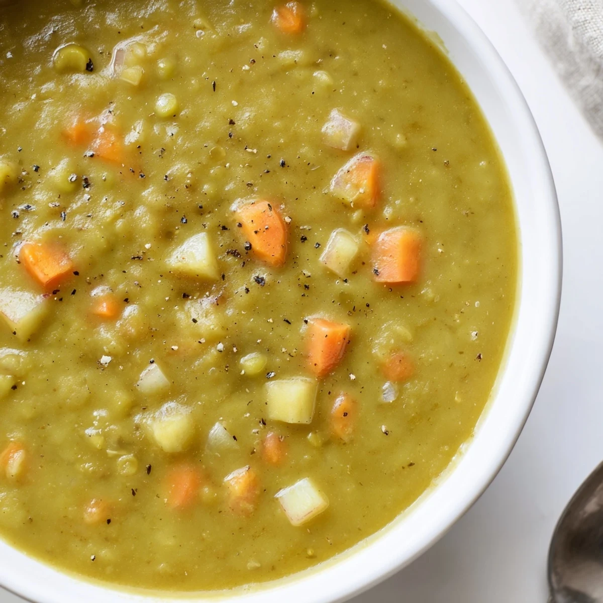 Hearty split pea soup in a rustic bowl, garnished with fresh thyme and served alongside crusty bread for dipping.