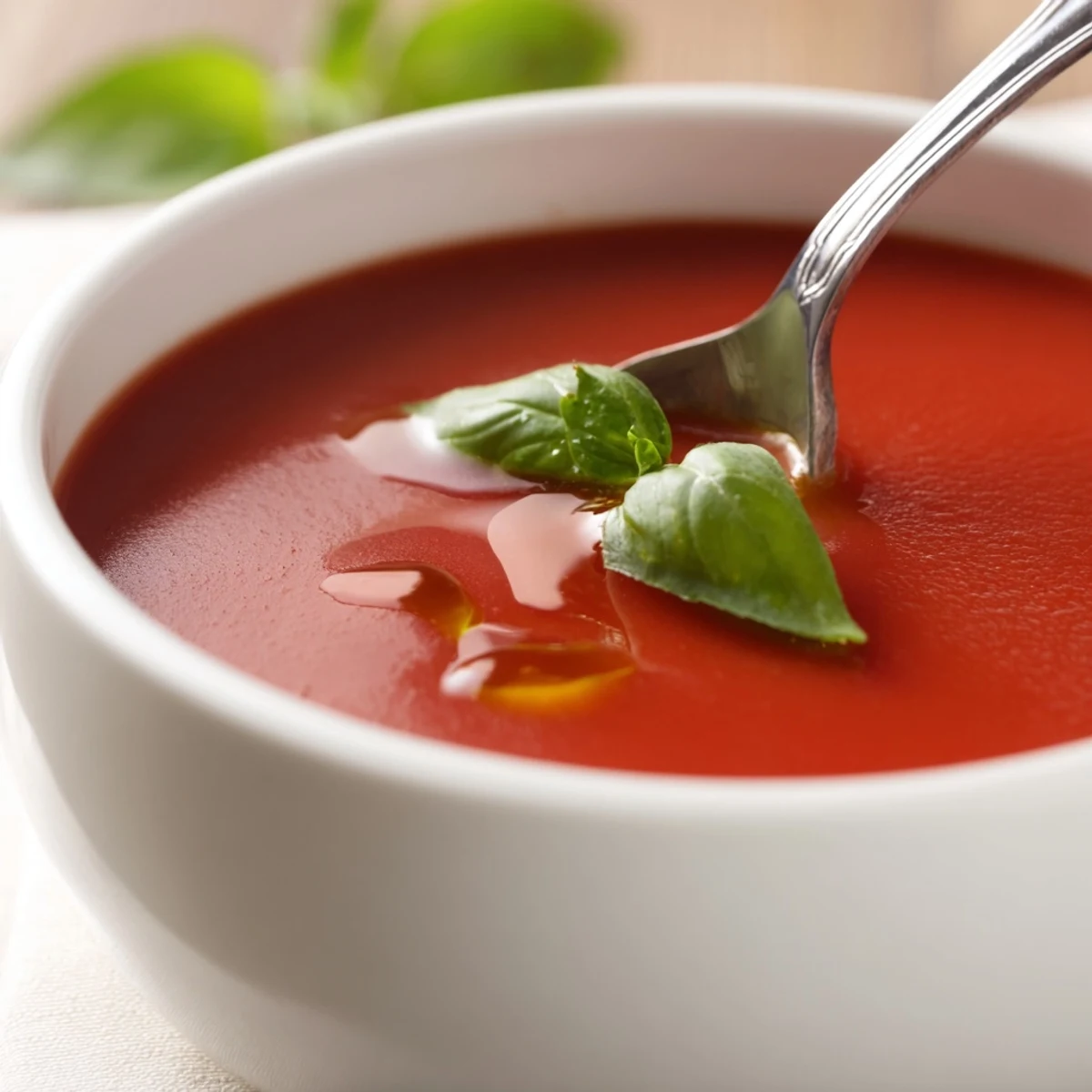 A bowl of homemade Tomato and Basil Soup, velvety and bright red, garnished with fresh basil leaves and a drizzle of olive oil.