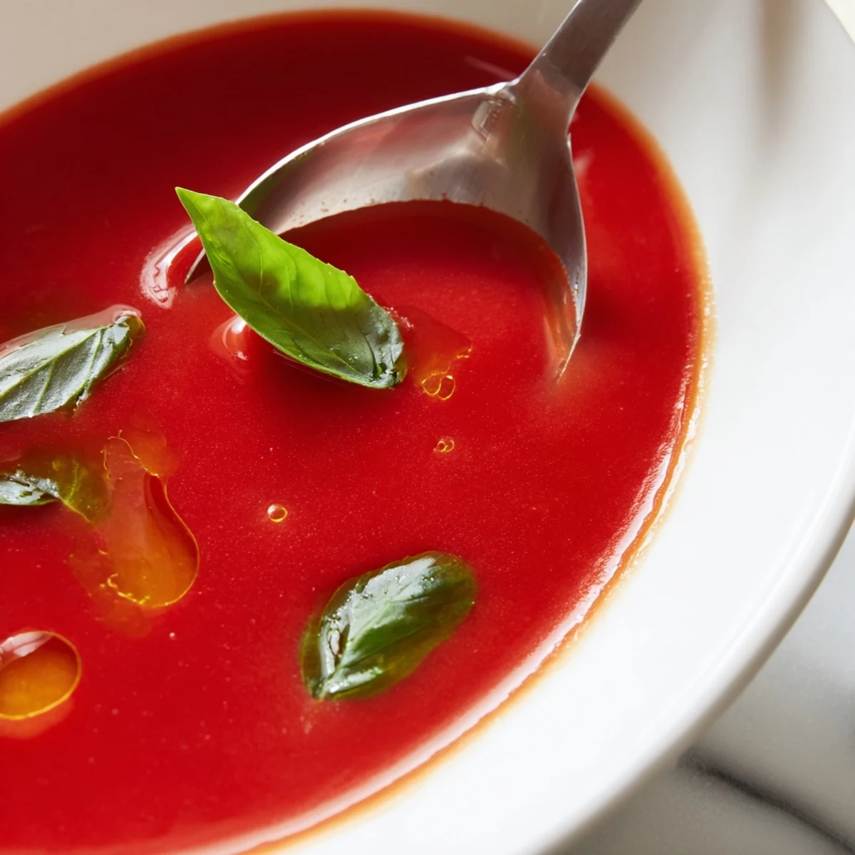 Close-up of rich Tomato and Basil Soup in a rustic bowl, steam rising from the smooth, creamy surface with a basil garnish.