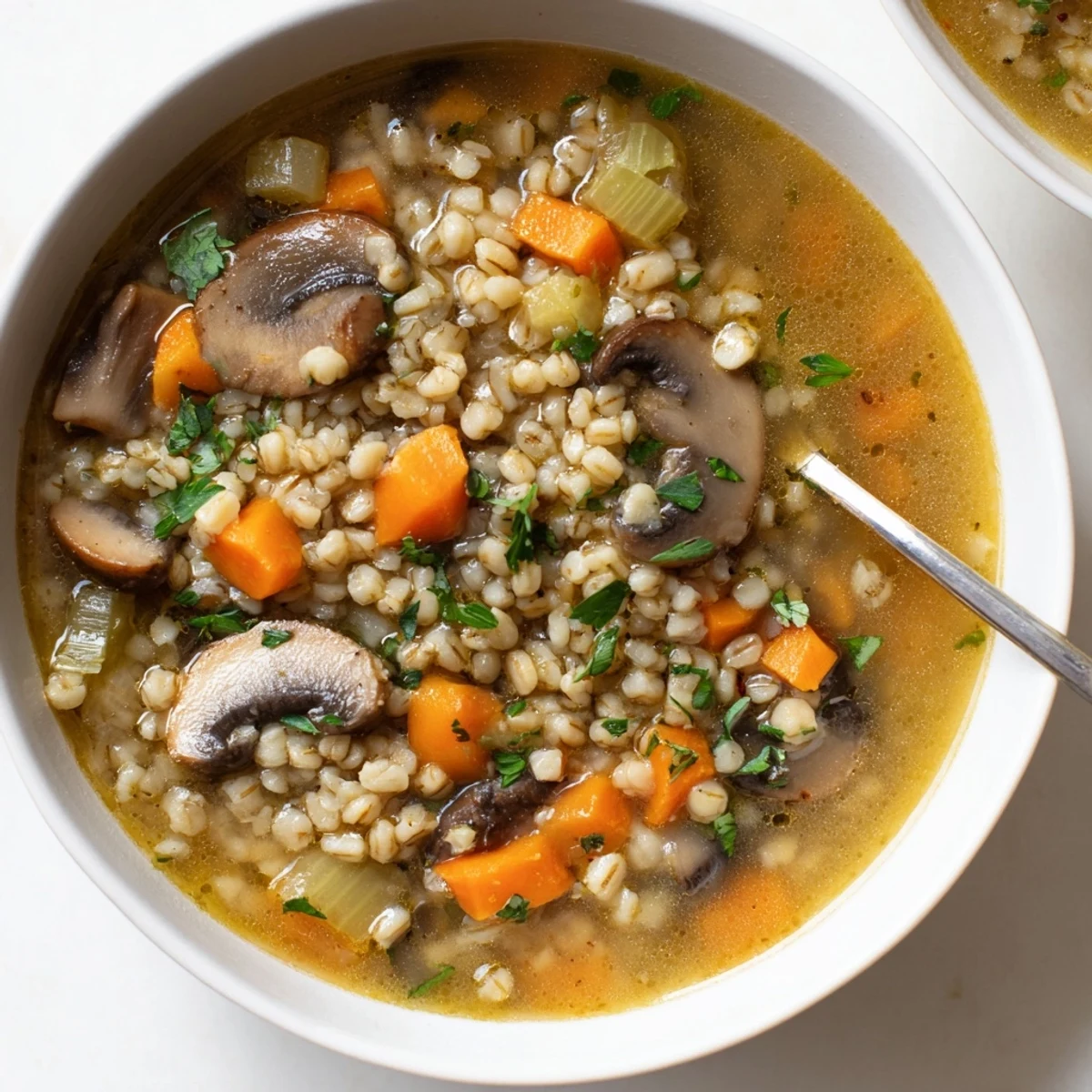 Mushroom and Barley Soup served in a rustic ceramic bowl, garnished with fresh parsley and a lemon wedge for brightness.