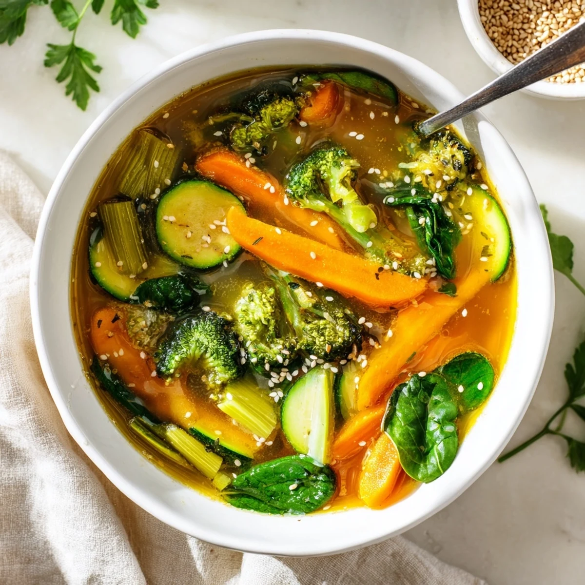 Vibrant vegetable medley in a warm, nourishing Collagen-Boosting Broth Bowl, with ginger and turmeric-infused broth and a sprinkle of sesame seeds for a comforting lunch.  