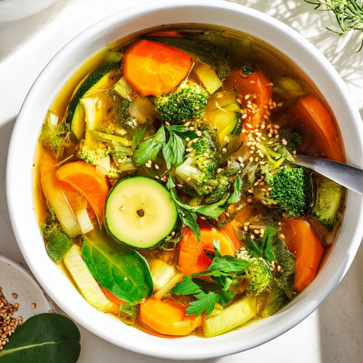 A steaming bowl of Collagen-Boosting Broth Bowl featuring tender carrots, zucchini, and broccoli florets swimming in golden turmeric bone broth, garnished with fresh parsley and lemon wedges.  