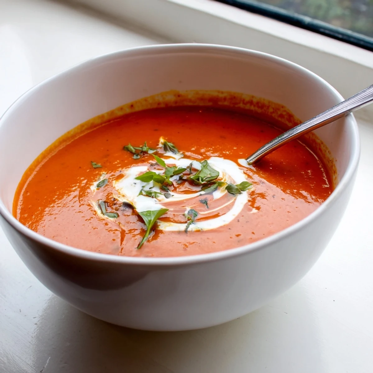 A bowl of vibrant roasted red pepper soup, garnished with a swirl of crème fraîche and fresh parsley, served beside crusty bread.