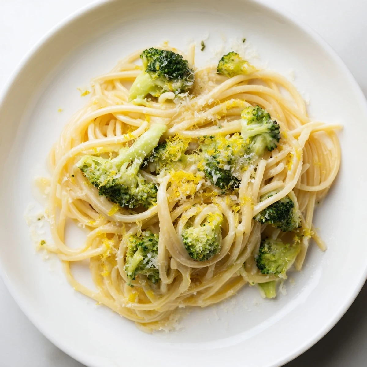 Serving One-Pot Lemon Broccoli Pasta garnished with fresh basil and grated Parmesan.
