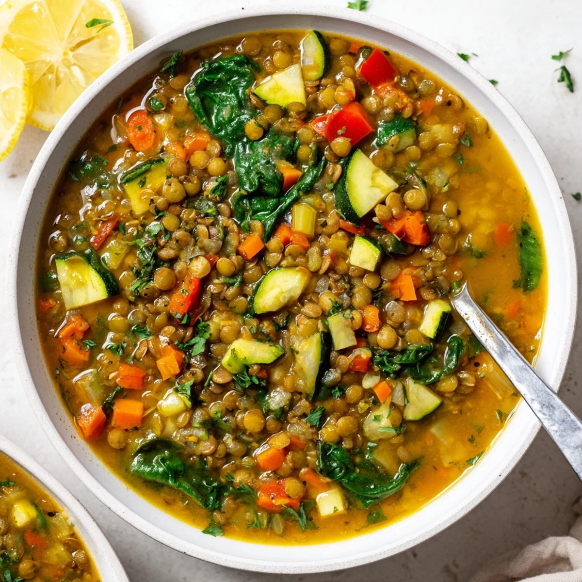 Vibrant bowl of Lentil and Vegetable Soup with tender lentils, carrots, and kale garnished with fresh parsley and lemon.