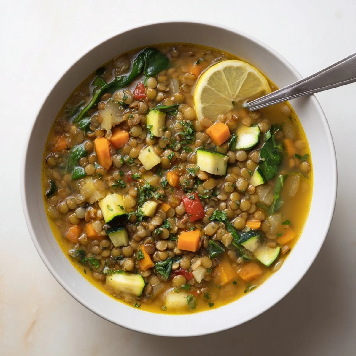 Steaming Lentil and Vegetable Soup in a rustic pot, featuring colorful veggies like zucchini, red bell pepper, and spinach.