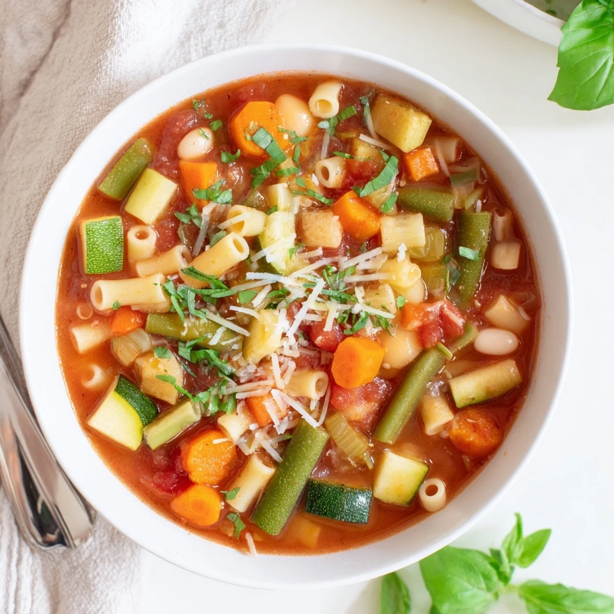 A steaming bowl of Minestrone Vegetable Soup with colorful diced tomatoes, cannellini beans, and pasta, garnished with fresh parsley and grated Parmesan cheese.