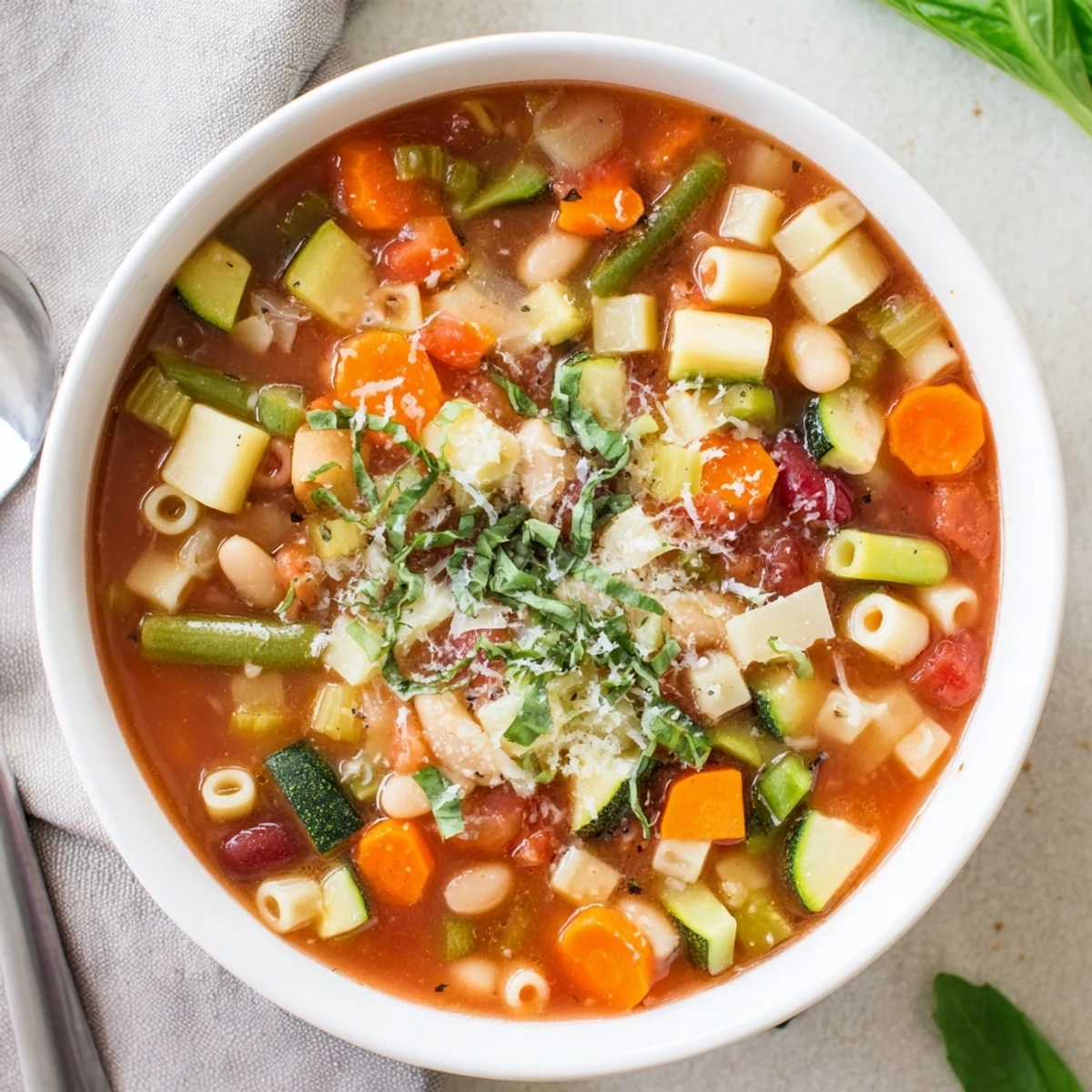 Hearty Minestrone Vegetable Soup simmering in a pot, filled with vibrant carrots, celery, green beans, and zucchini, ready to serve with crusty Italian bread.