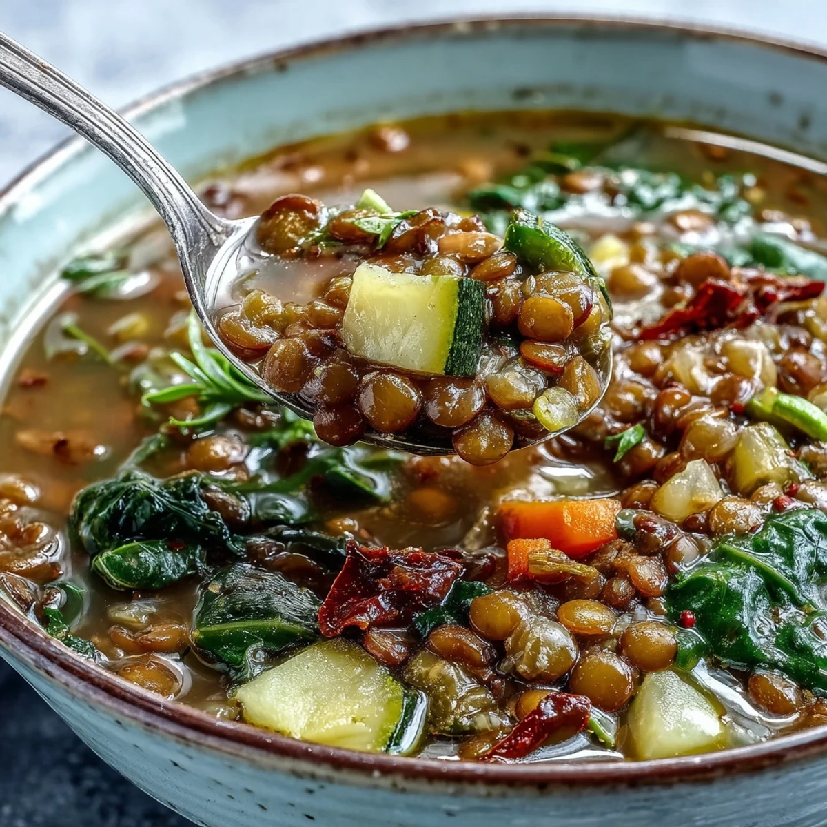 A steaming bowl of homemade Lentil Soup, brimming with tender lentils, carrots, and wilted spinach in a hearty broth.