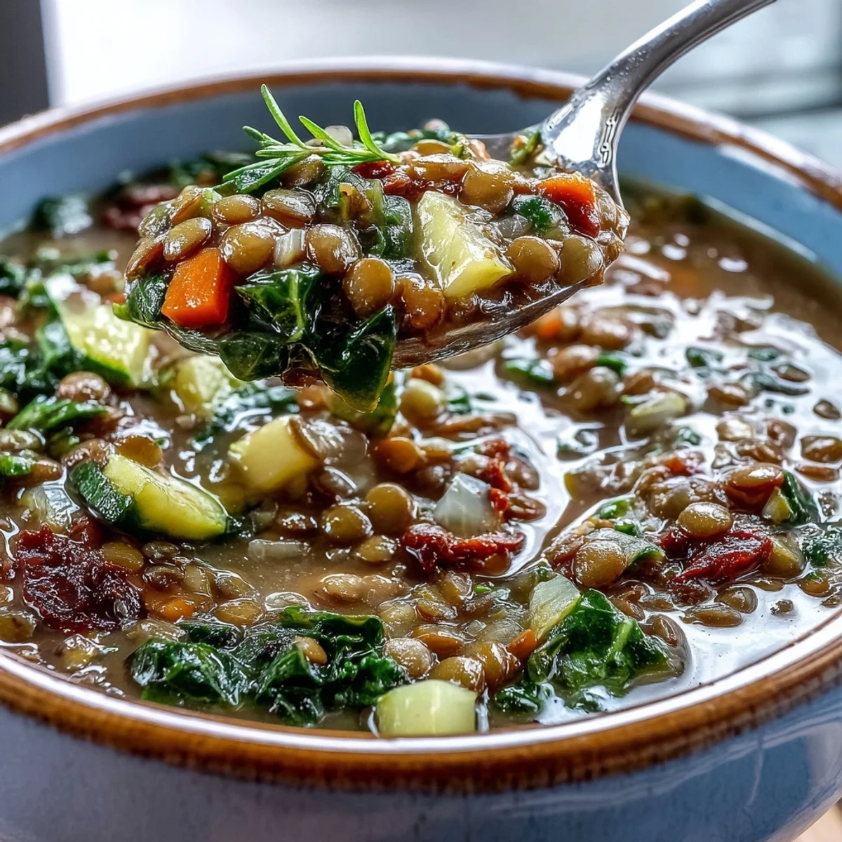 A ladle pouring savory Lentil Soup into a rustic bowl, garnished with fresh parsley and a wedge of lemon.