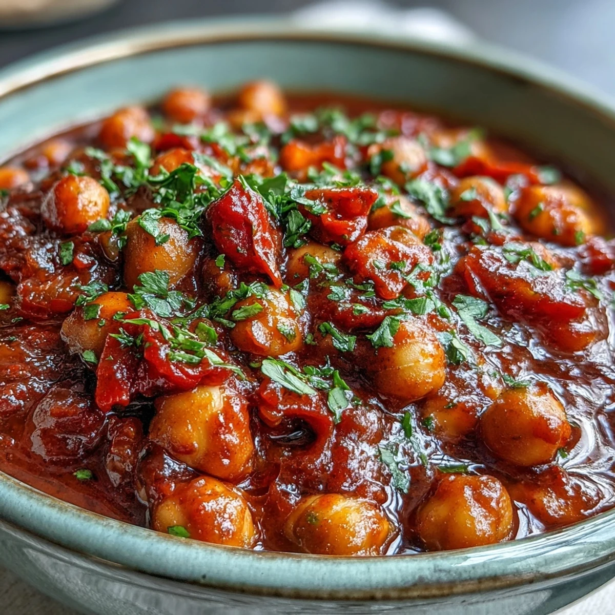 A close-up of a steaming bowl of Spicy Chickpea Stew, featuring tender chickpeas and diced vegetables in a rich, aromatic tomato broth garnished with fresh cilantro.