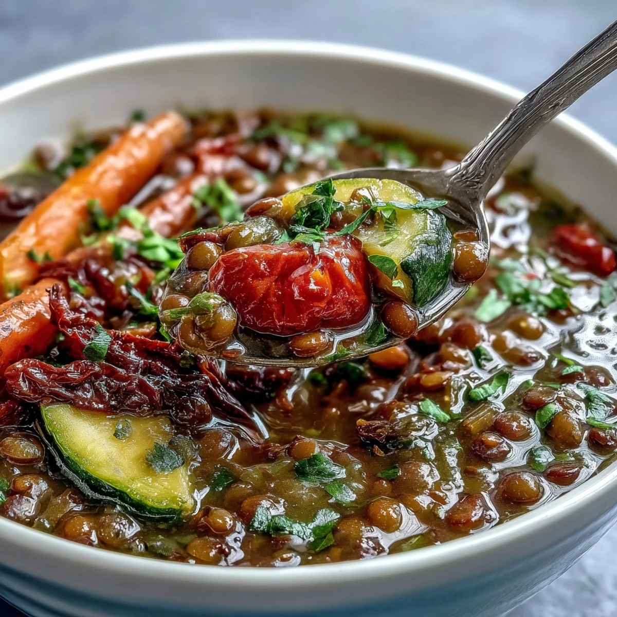 A bowl of hearty Lentil and Vegetable Soup, packed with roasted carrots, celery, and tender lentils in a savory broth.