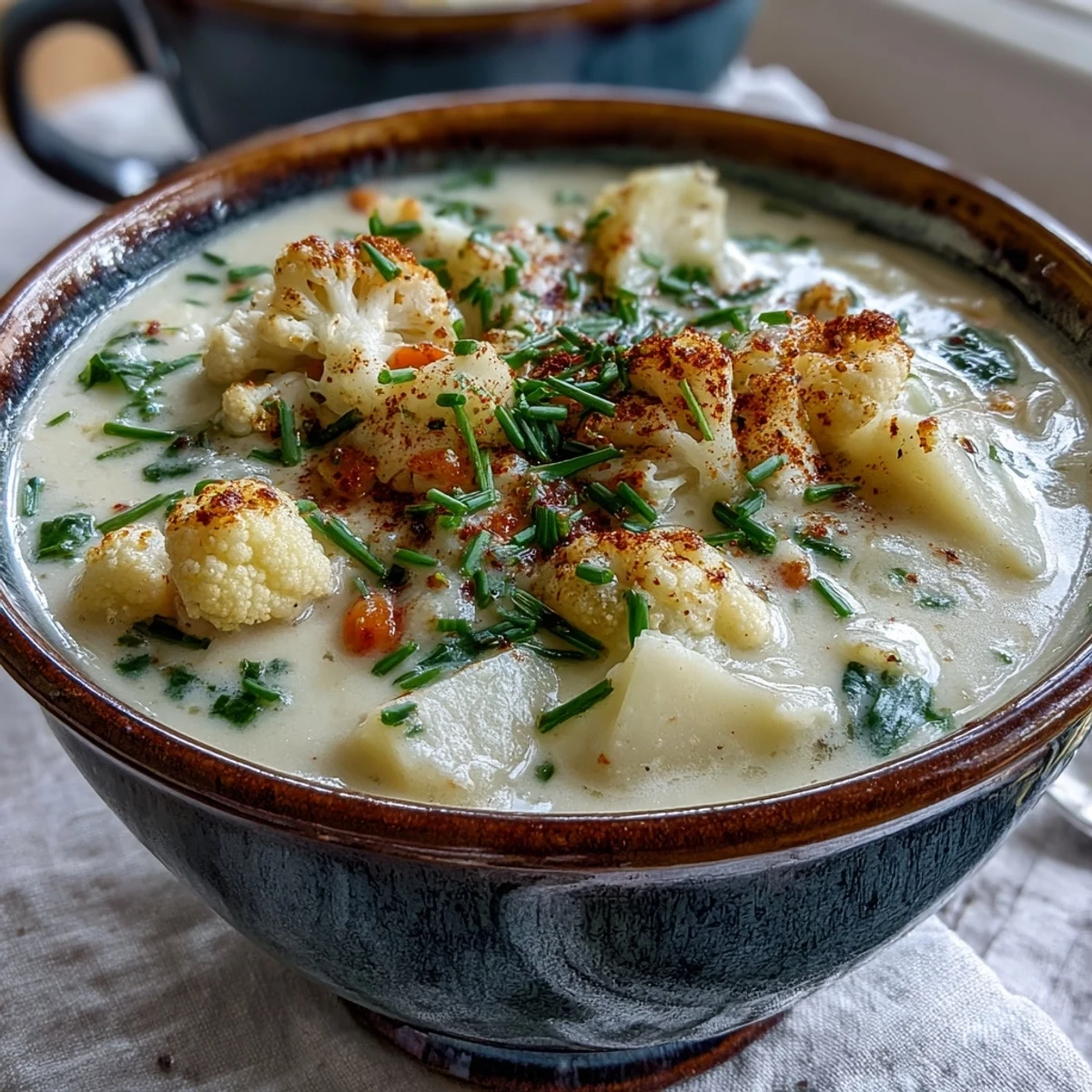 A steaming bowl of Vegetarian Cauliflower Chowder, featuring tender potatoes and carrots in a creamy, pale broth garnished with fresh chives.  
