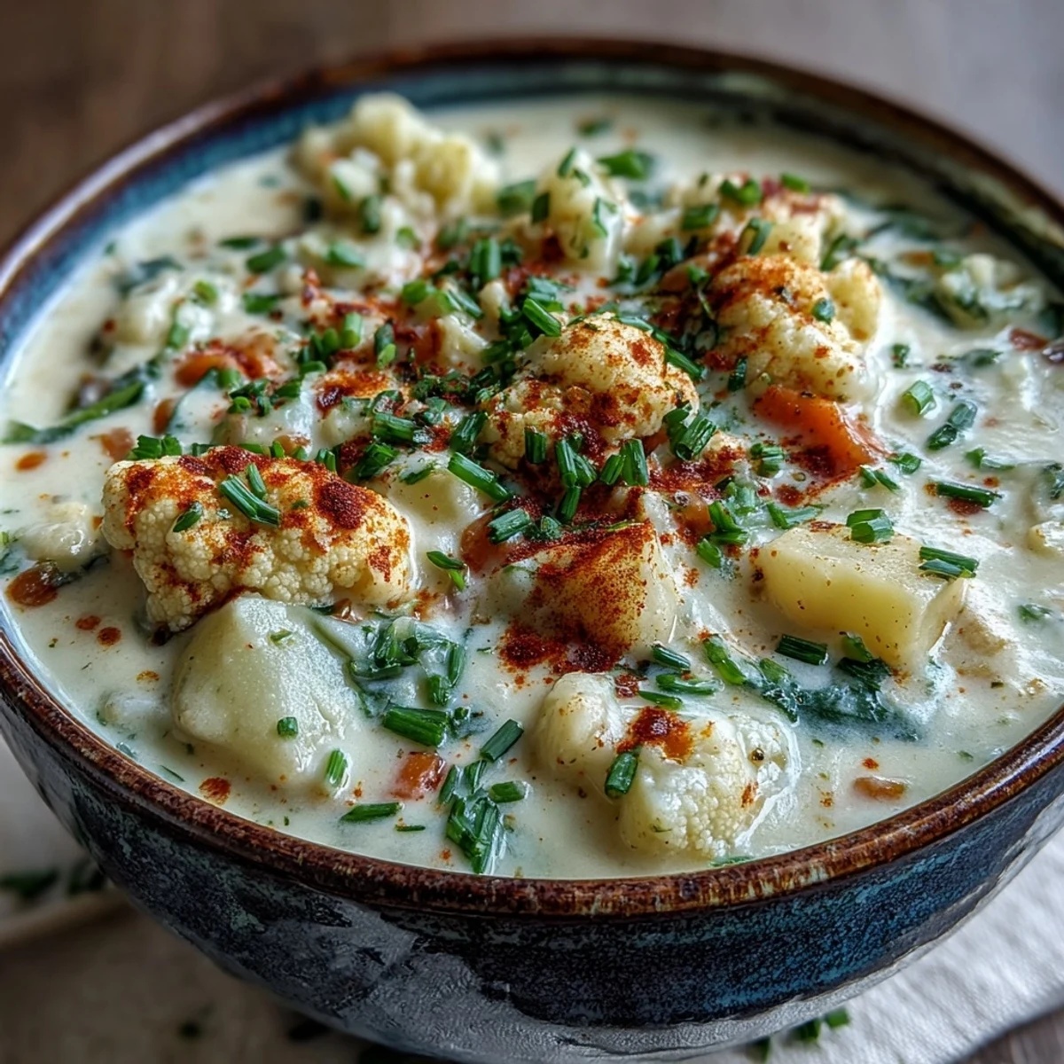 This wholesome Vegetarian Cauliflower Chowder showcases cauliflower florets and diced potatoes in a rich, creamy broth with a sprinkle of paprika.  