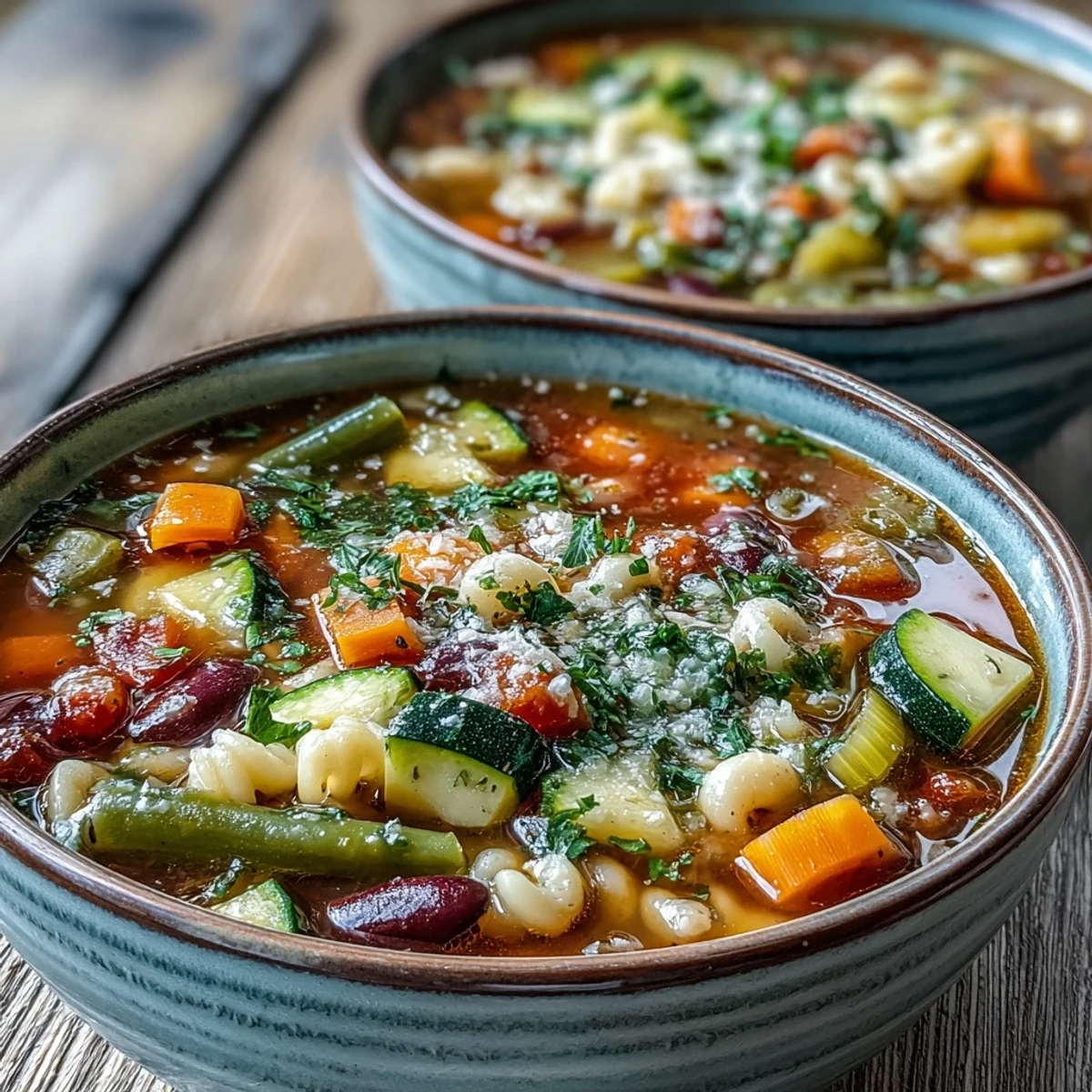 A steaming bowl of minestrone vegetable soup with pasta, cannellini beans, and fresh spinach, garnished with parsley.