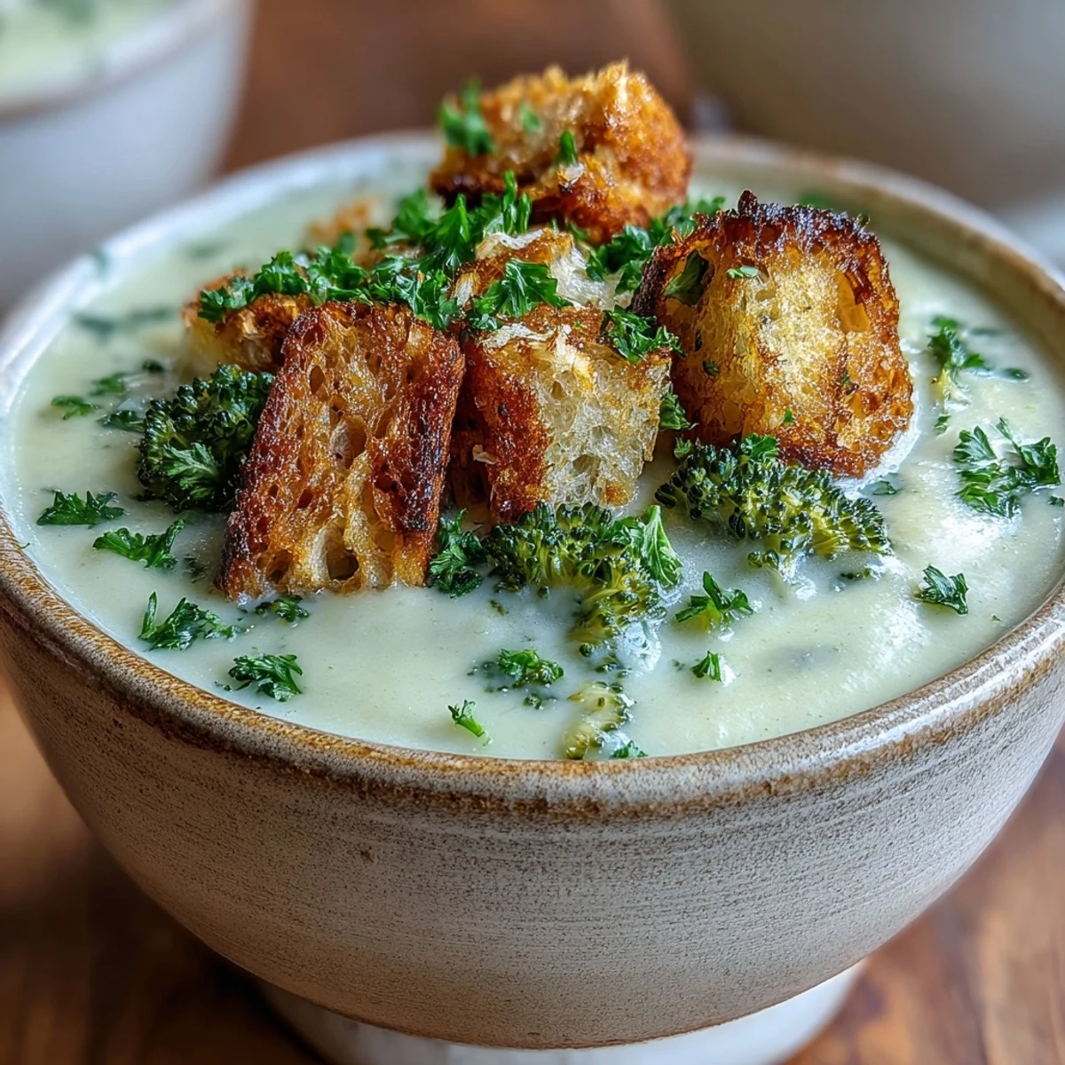 A close-up of creamy cauliflower and broccoli soup in a rustic bowl, topped with golden croutons and fresh parsley garnish.  